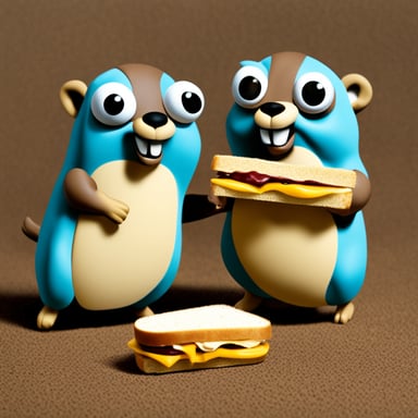 Two Go Blue Gophers are sharing a sandwich.