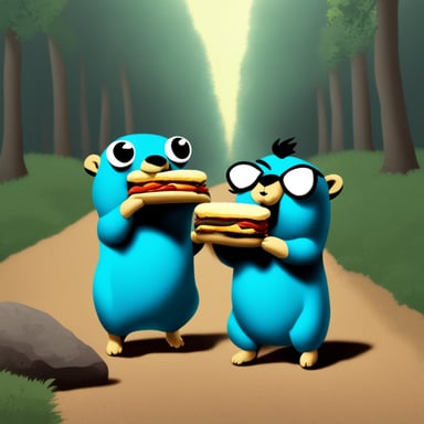 Two Go Blue Gophers are sharing a sandwich.