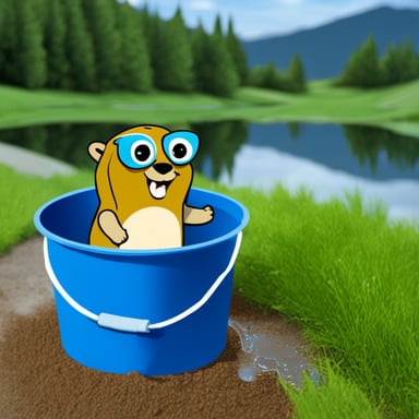 Go Blue Gopher is looking at a bucket overflowing with water.