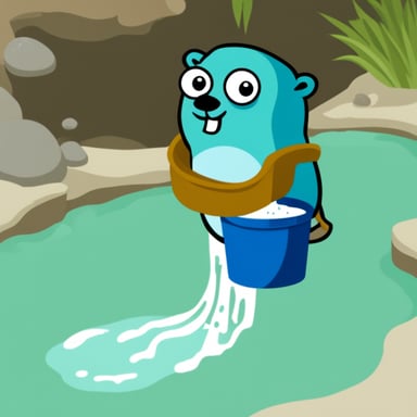 Go Blue Gopher is looking at a bucket overflowing with water.