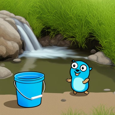 Go Blue Gopher is looking at a bucket overflowing with water.