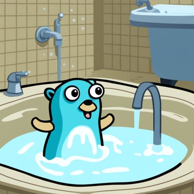 Go Blue Gopher is almost drowning in a bath full of water.