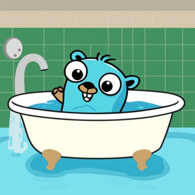Go Blue Gopher is almost drowning in a bath full of water.
