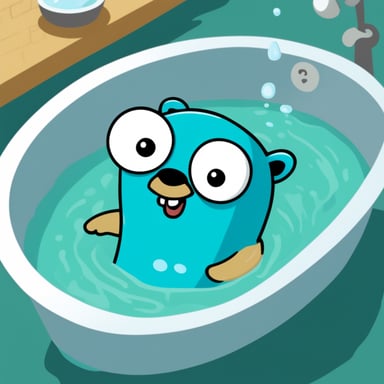Go Blue Gopher is almost drowning in a bath full of water.