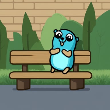 Go Blue Gopher is sitting on the edge of a bench, with a CPU chip on the other side.