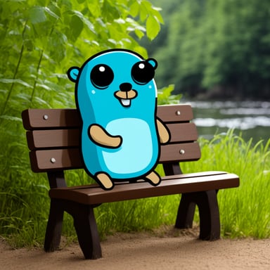 Go Blue Gopher is sitting on the edge of a bench, with a CPU chip on the other side.