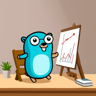 Go Blue Gopher is in front of a chart with a graph going wild, and Go Blue Gopher is pointing at the graph with surprise.