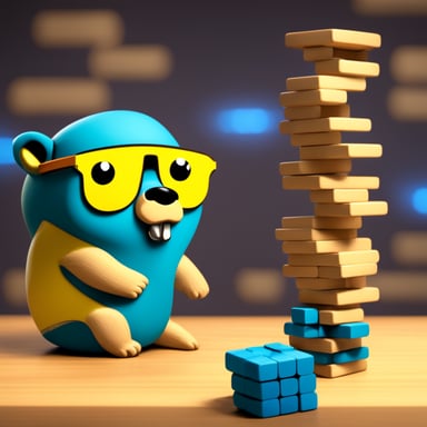 Go Blue Gopher is playing Jenga with intense concentration, each move more precise than the last.