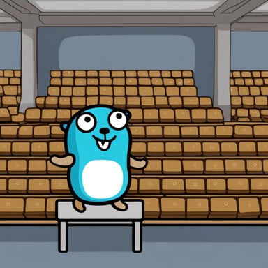 Go Blue Gopher is standing on a platform, observing the scene without any context of violence provided.