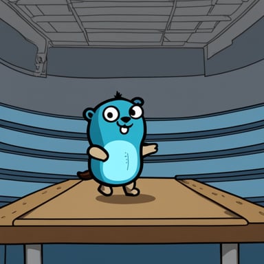 Go Blue Gopher is standing on a platform, observing the scene without any context of violence provided.
