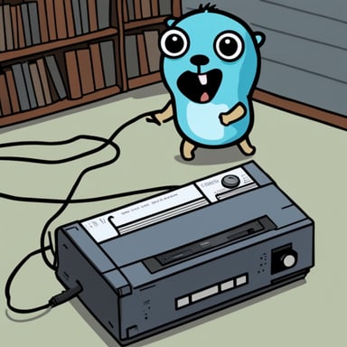 Go Blue Gopher is pulling tape out of a VCR videotape.