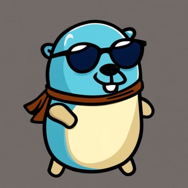 Go blue gopher, sporting a bald look, a neat beard, and stylish glasses.