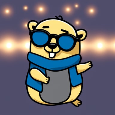 Go blue gopher, sporting a bald look, a neat beard, and stylish glasses.