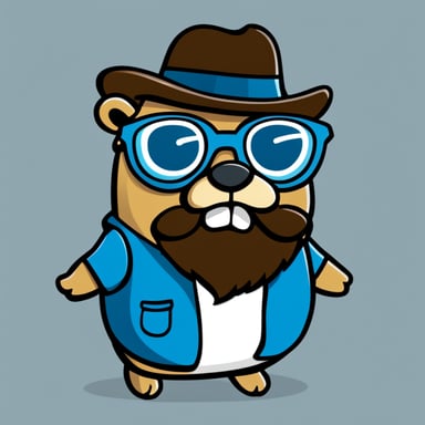 Go Blue Gopher as a character with a 2D design, white background, beard, and glasses.