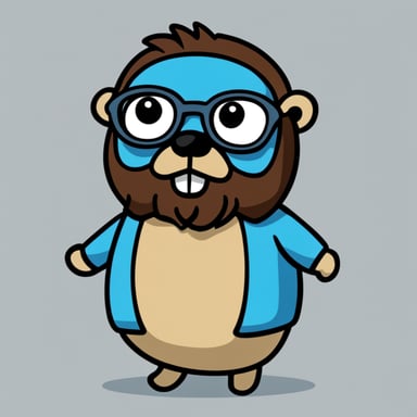 Go Blue Gopher as a character with a 2D design, white background, beard, and glasses.