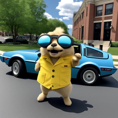 Go Blue Gopher resembling Doc Brown from Back to the Future.