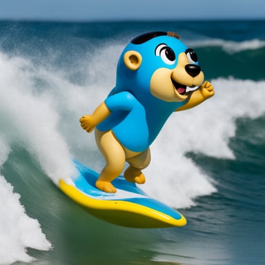 Go Blue Gopher surfing on the waves, showcasing skills and thrilling the audience with every maneuver.