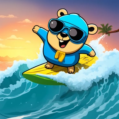 Go Blue Gopher surfing on the waves, showcasing skills and thrilling the audience with every maneuver.