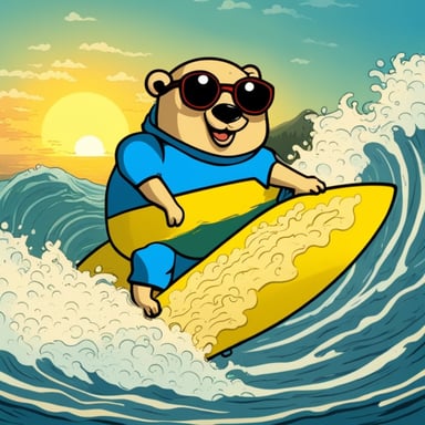 Go Blue Gopher surfing on the waves, showcasing skills and thrilling the audience with every maneuver.