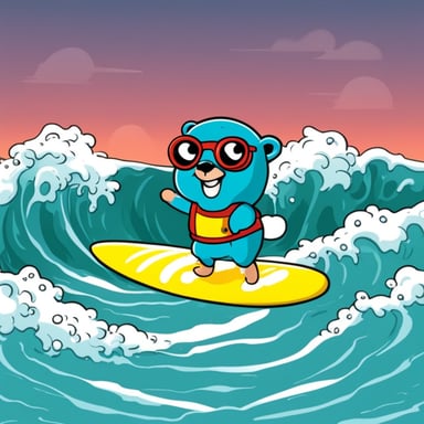 Go Blue Gopher surfing on the waves, showcasing skills and thrilling the audience with every maneuver.