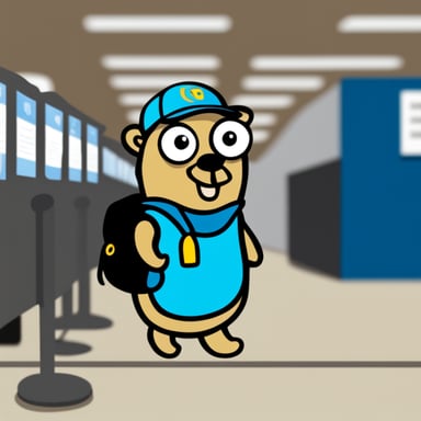 Go Blue Gopher waiting in line for passport.