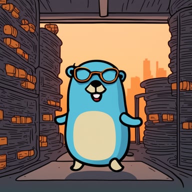 Create a gopher named Go Blue Gopher that illustrates a connection between PostgreSQL and eBPF.
