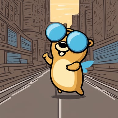 Create a gopher named Go Blue Gopher that illustrates a connection between PostgreSQL (database) and eBPF (bee), showcasing Go Blue Gopher's journey in linking these two technologies together.