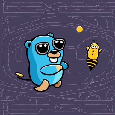 Create a gopher named Go Blue Gopher that illustrates a connection between PostgreSQL (database) and eBPF (bee), showcasing Go Blue Gopher's journey in linking these two technologies together.