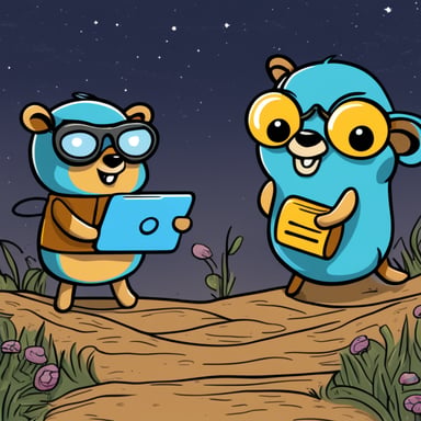 Create a gopher named Go Blue Gopher that illustrates a connection between PostgreSQL (database) and eBPF (bee), showcasing Go Blue Gopher's journey in linking these two technologies together.