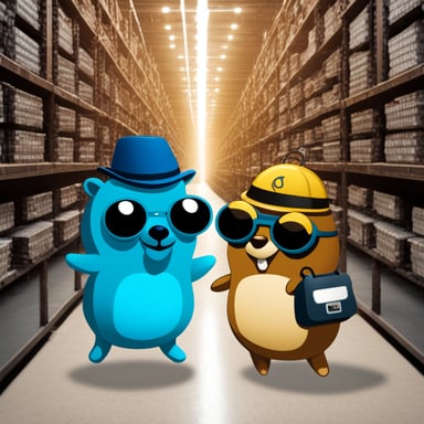 Create a gopher named Go Blue Gopher that illustrates a connection between PostgreSQL (database) and eBPF (bee), showcasing Go Blue Gopher's journey in linking these two technologies together.