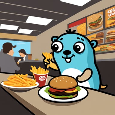 Go Blue Gopher enjoys a meal at a fast food restaurant.