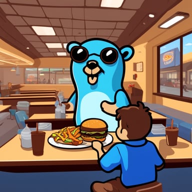 Go Blue Gopher enjoys a meal at a fast food restaurant.