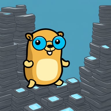 Go Blue Gopher with a data stack on the left side and a data heap on the right.