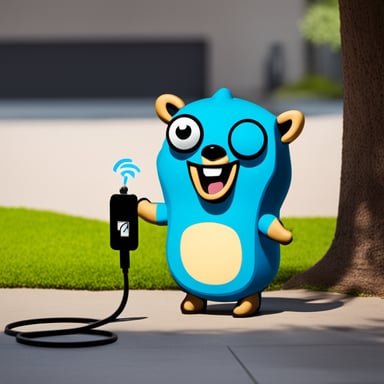 Happy go blue gopher with a lightning logo on its belly, holding an EV charger cable, stands next to a charging station.
