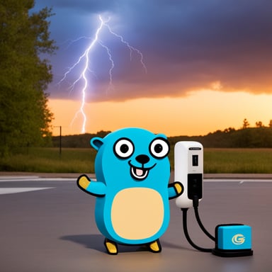 Happy go blue gopher with a lightning logo on its belly, holding an EV charger cable, stands next to a charging station.