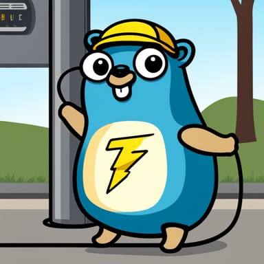 Happy go blue gopher with a lightning logo on its belly, holding an EV charger cable, stands next to a charging station.