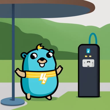 Happy go blue gopher with a lightning logo on its belly, holding an EV charger cable, stands next to a charging station.