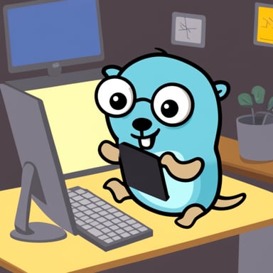 Go Blue Gopher working on a computer.