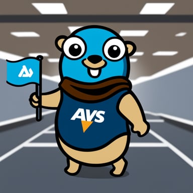 Go Blue Gopher wearing an AWS top and holding a Lambda logo.
