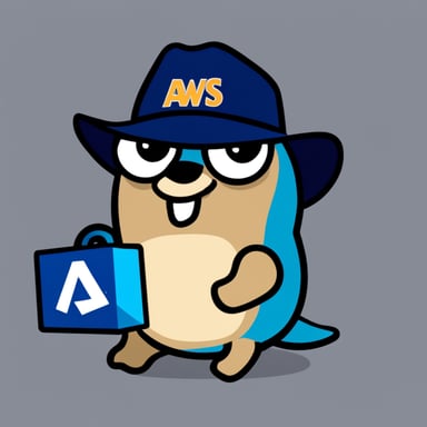 Go Blue Gopher wearing an AWS top and holding a Lambda logo.