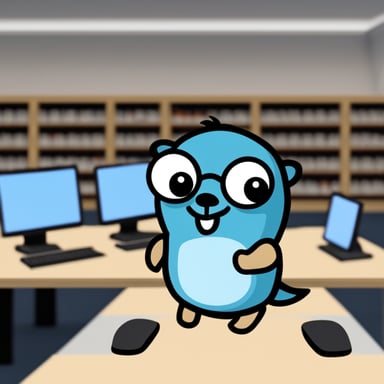 Go Blue Gopher wearing an AWS top and holding a Lambda logo.