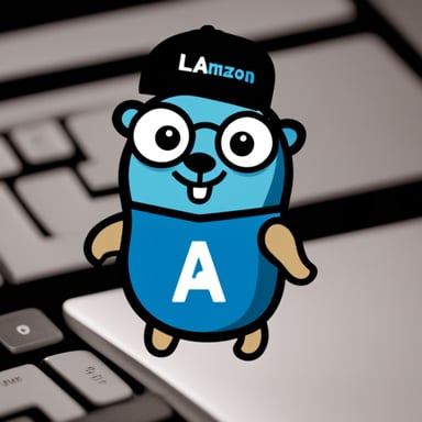 Go Blue Gopher wearing an Amazon Web Services top holds a lambda logo.