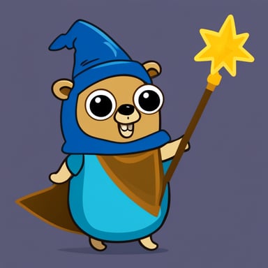Go Blue Gopher with wizard hat, a cape, and magic wand.