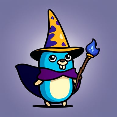 Go Blue Gopher with wizard hat, a cape, and magic wand.