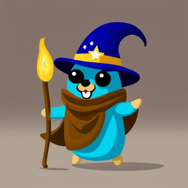 Go Blue Gopher with wizard hat, a cape, and magic wand.