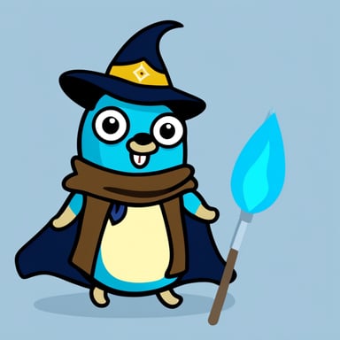 Go Blue Gopher with a wizard hat, a cape, and a magic wand.