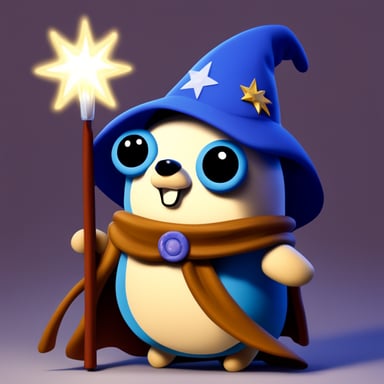 Go Blue Gopher with a wizard hat, a cape, and a magic wand.