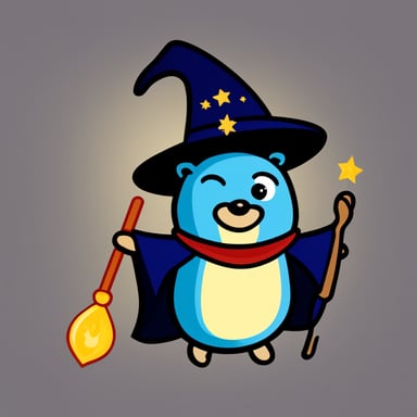 Go Blue Gopher with wizard hat, cape, magic wand, and amulet.