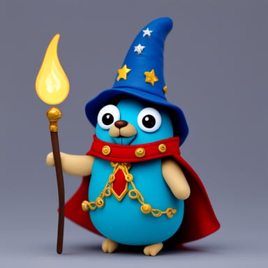 Go Blue Gopher with wizard hat, cape, magic wand, and amulet.