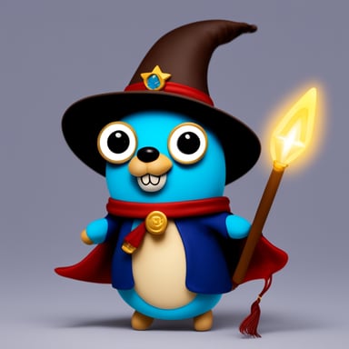 Go Blue Gopher with wizard hat, cape, magic wand, and amulet.